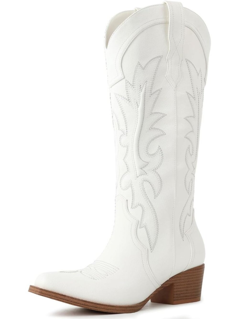 Women's White Knee High Cowboy Boots Pointed Toe Embroidered Fall Western Boots